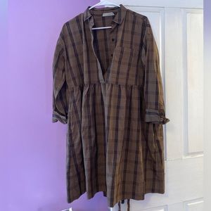 Everlane Field Dress Size XS Mocha Plaid Shirt Pockets Collared Preppy Academia